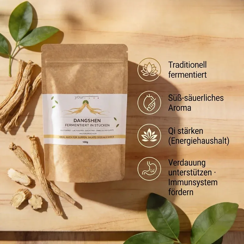 Dangshen fermentiran 100g – Kraft-papirna vrećica za samostojanje na drvenoj podlozi s dijelovima korijena i infografikom o fermentaciji, Aro