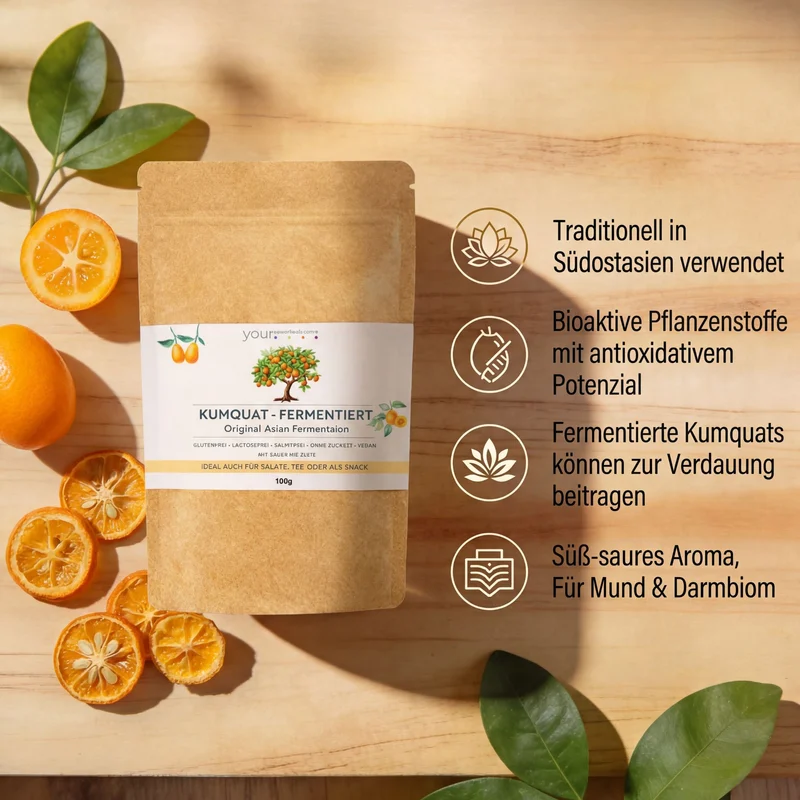 Fermentirani kumkvat 100 g premium kvalitete – Infografika s paketom proizvoda, svježim kumkvatima i četiri njemačke ključne točke