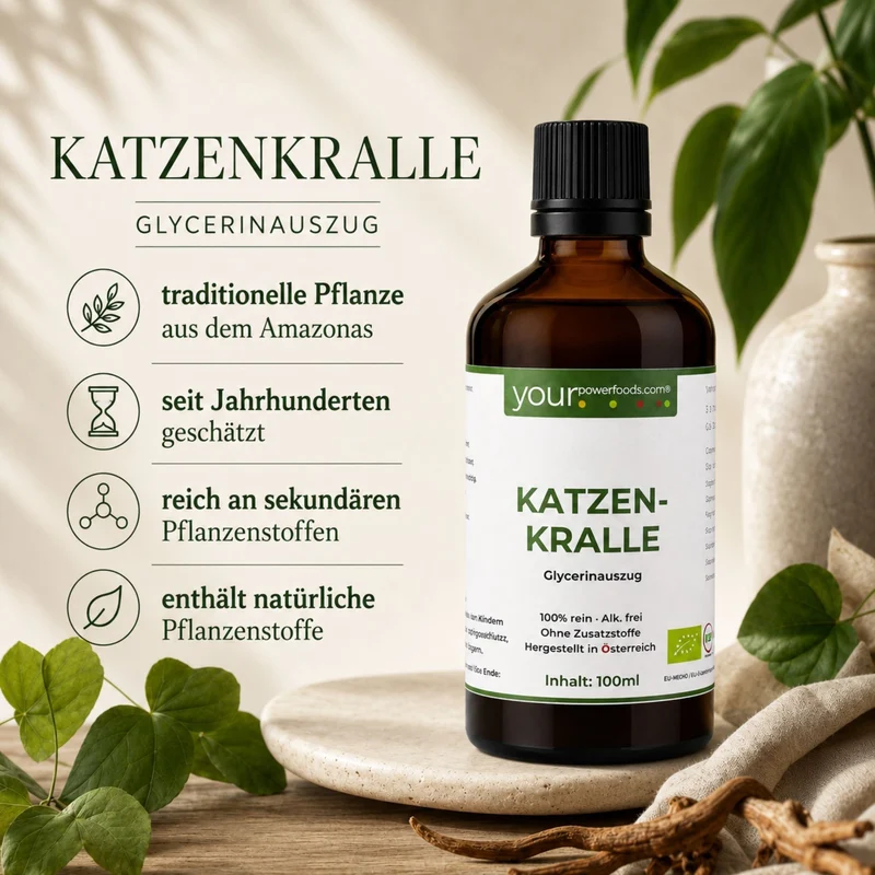 Phyto Komplex Premium - Korijen čička • Artemisia Annua • Mačja kandža: Smeđa boca s kapaljkom od 100 ml s etiketom, okružena Wu