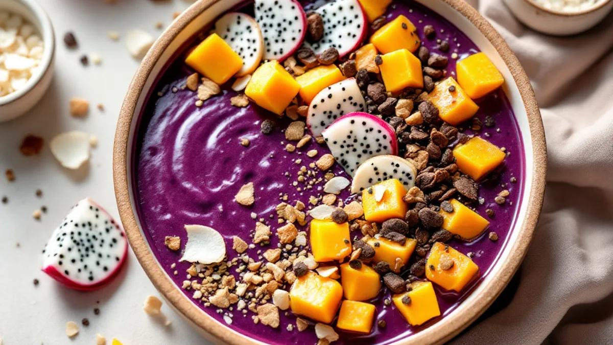 Beeren-Acai-Bowl mit Mango und Drachenfrucht