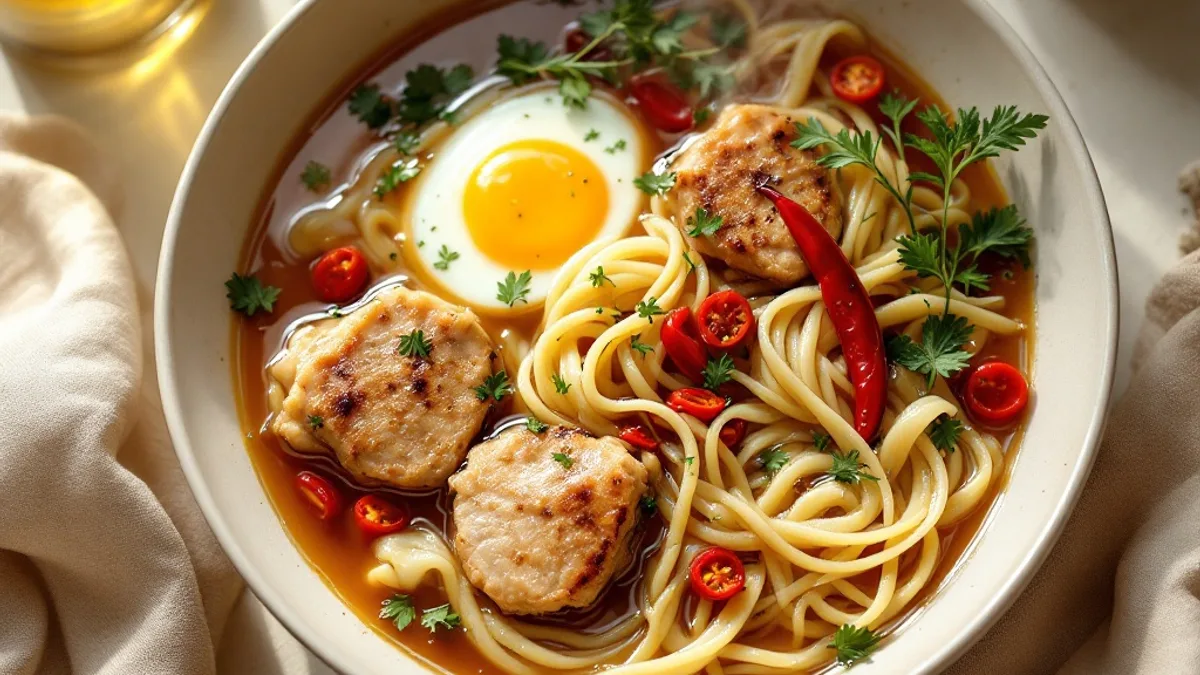 Hähnchen-Bowl mit Reisnudeln, würziger Brühe und gerösteten Erdnüssen