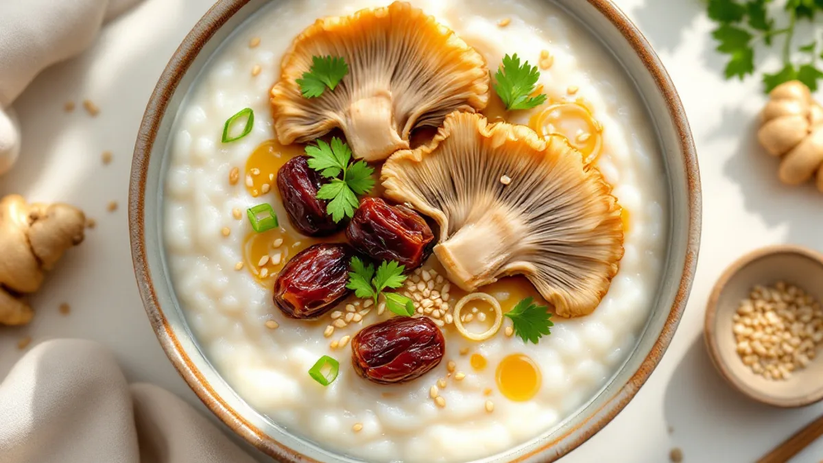 Cremiges Austernpilz-Congee mit Ingwer und Jujube