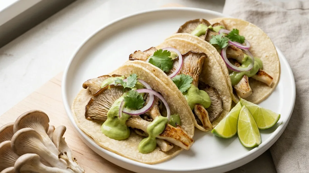 Austernpilz-Tacos mit Avocadocreme und Limette