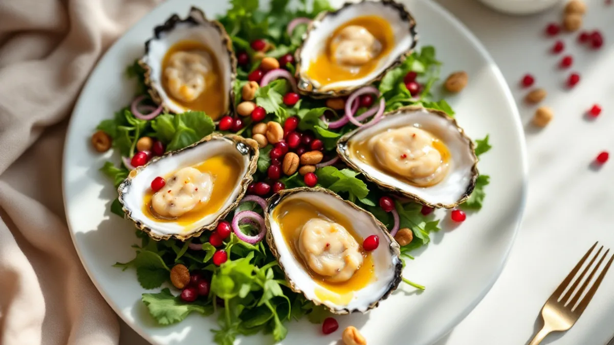 Austern-Rucola-Salat mit Granatapfel und Haselnüssen