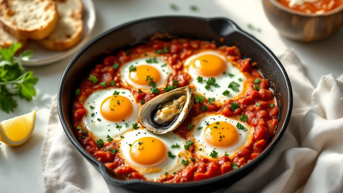 Shakshuka s ostrigama, poširanim jajem i svježim peršinom — shakshuka u tavi s četiri jaja, jednom ostrigom u školjci i peršinom, pored toga kruh