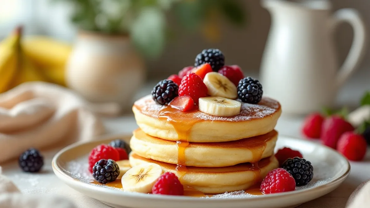 Fluffige Haferflocken-Pancakes mit Banane und Himbeeren