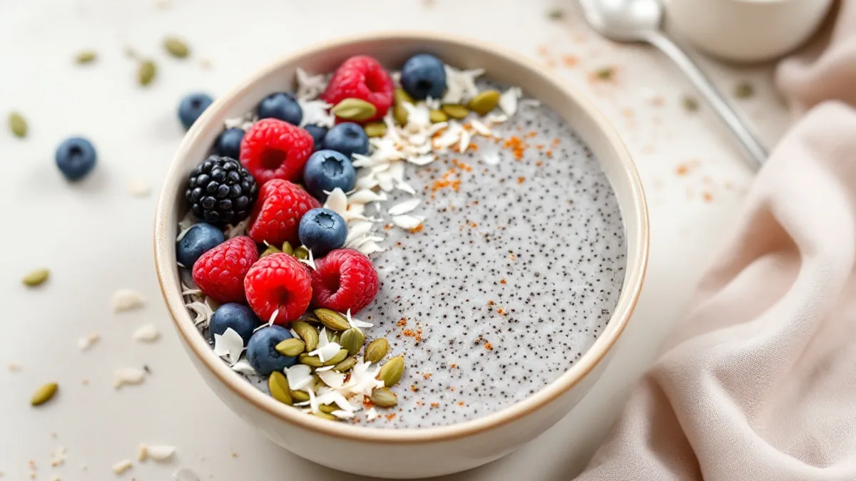 Beeren-Chia-Frühstücksbowl mit Hagebutte und Kürbiskernen