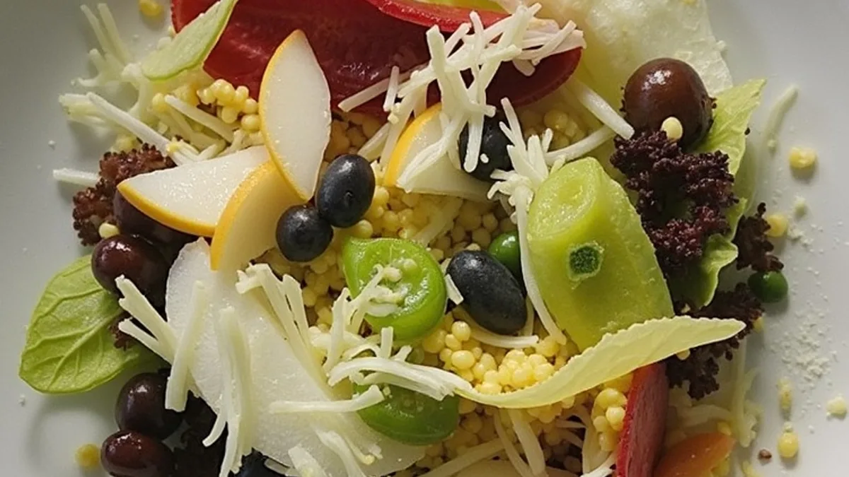 Bunter Blattsalat mit Birnenspalten, Weintrauben und Käsespänen