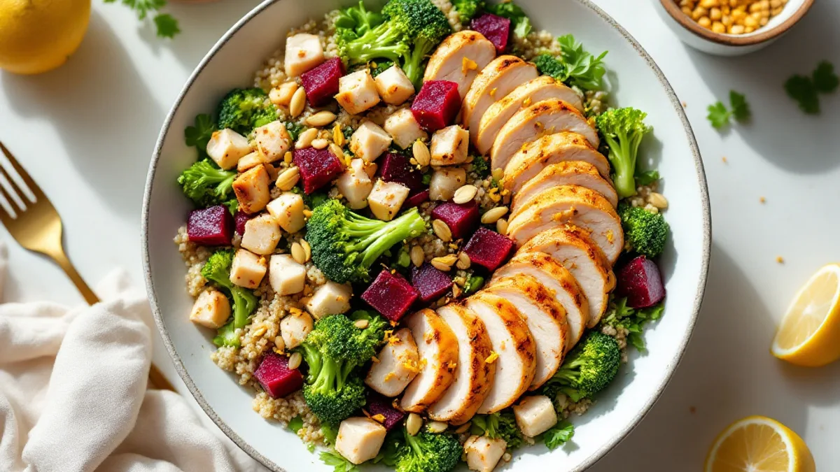 Brokkoli-Quinoa-Salat mit Rote Bete und zartem Hähnchen