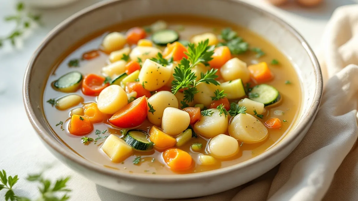 Bunte Gemüsesuppe mit Zuckerschoten und Bohnen