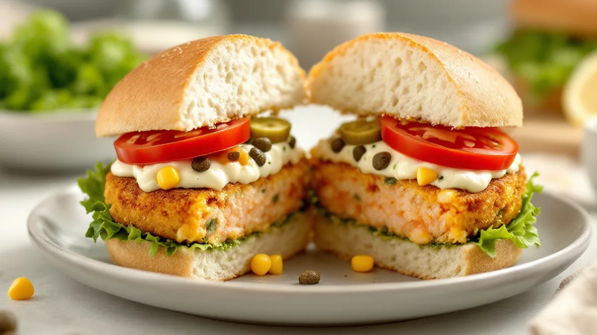 Burger mit Lachsfrikadelle, Mais und hausgemachter Remoulade