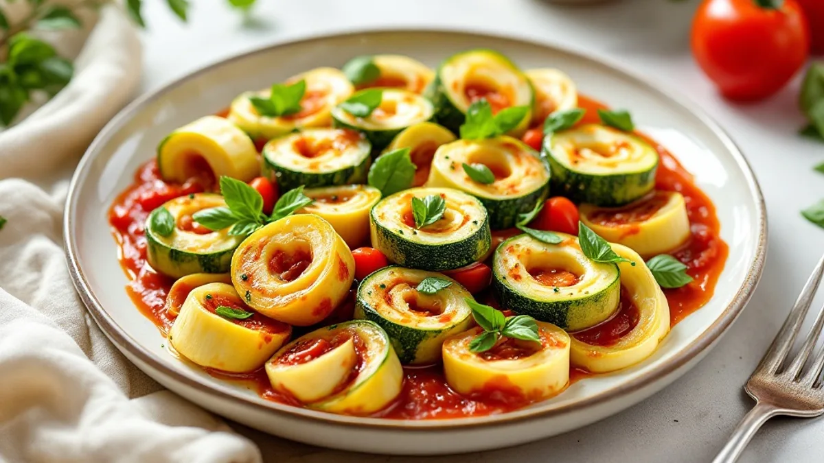 Zucchini-Röllchen mit Ricotta-Spinat-Füllung und Tomatensauce