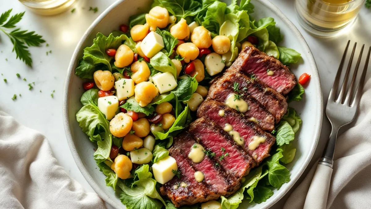 Rinderhüftsteak mit Sauce béarnaise und Kürbisknödeln auf Feldsalat