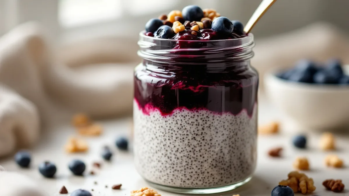 Chia-Pudding mit Holunderbeeren und Kakaonibs