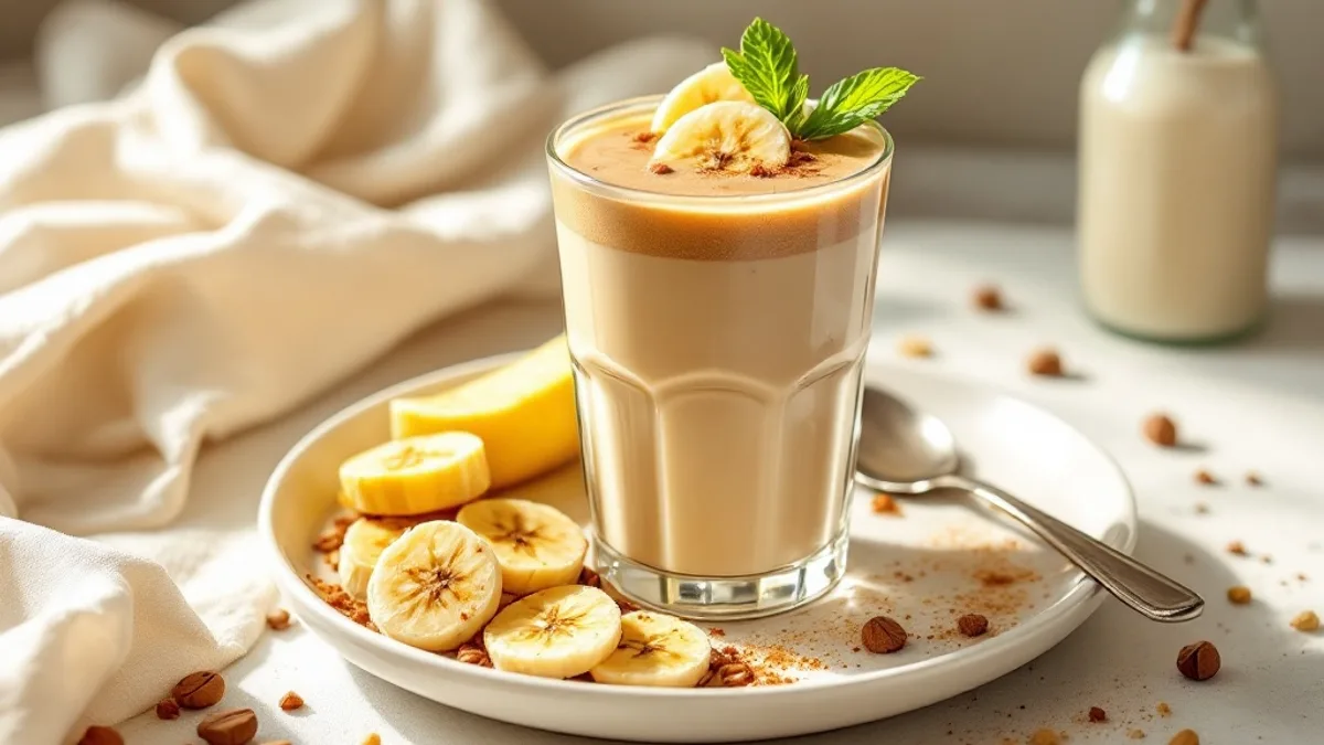 Kaffee-Proteinshake mit Erdnussmus und Hüttenkäse