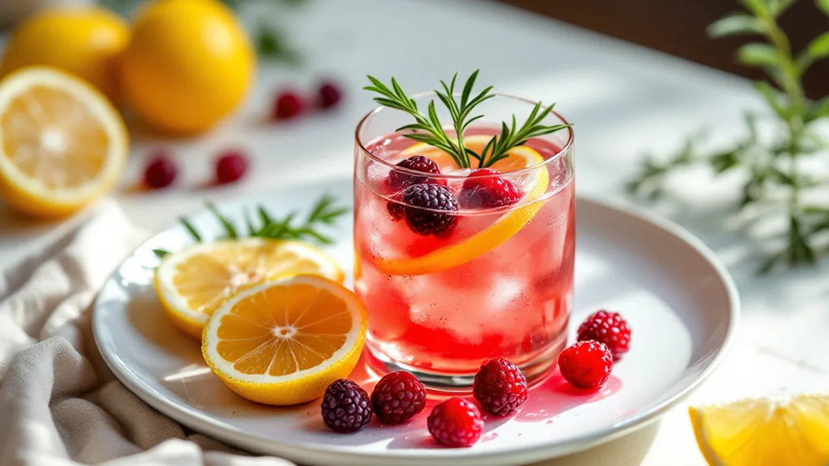 Cranberry-Rosmarin-Kombucha-Spritz mit frischer Zitrone