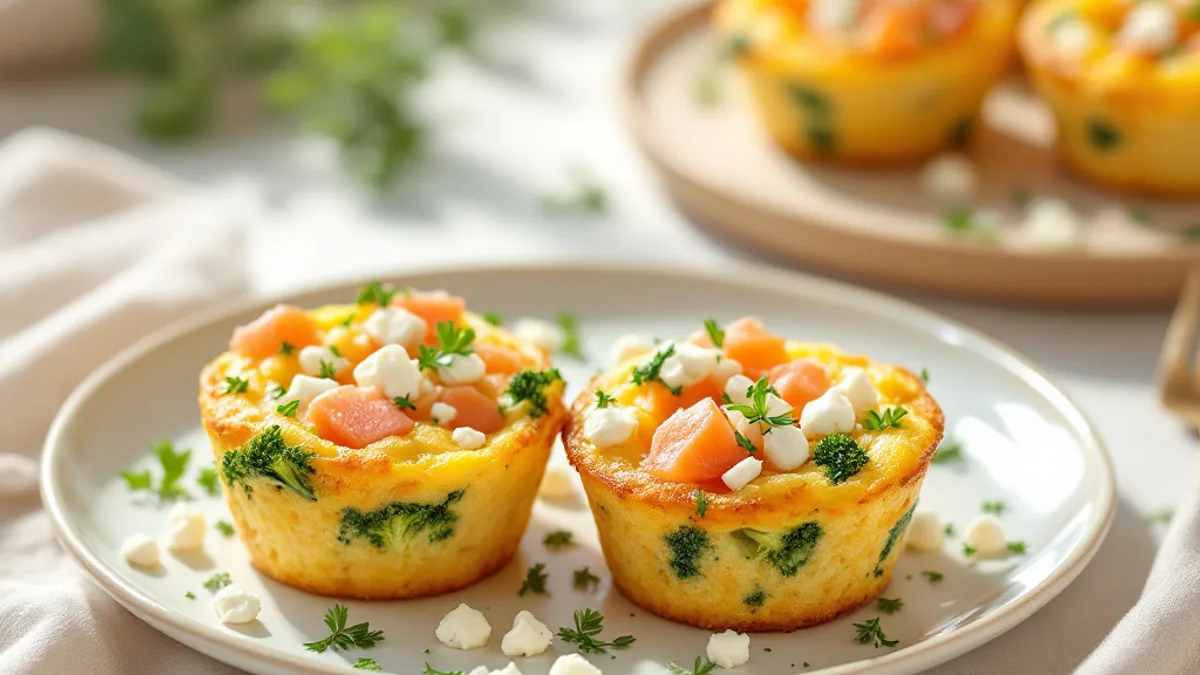 Herzhafte Eier-Muffins mit Räucherlachs, Brokkoli und Feta