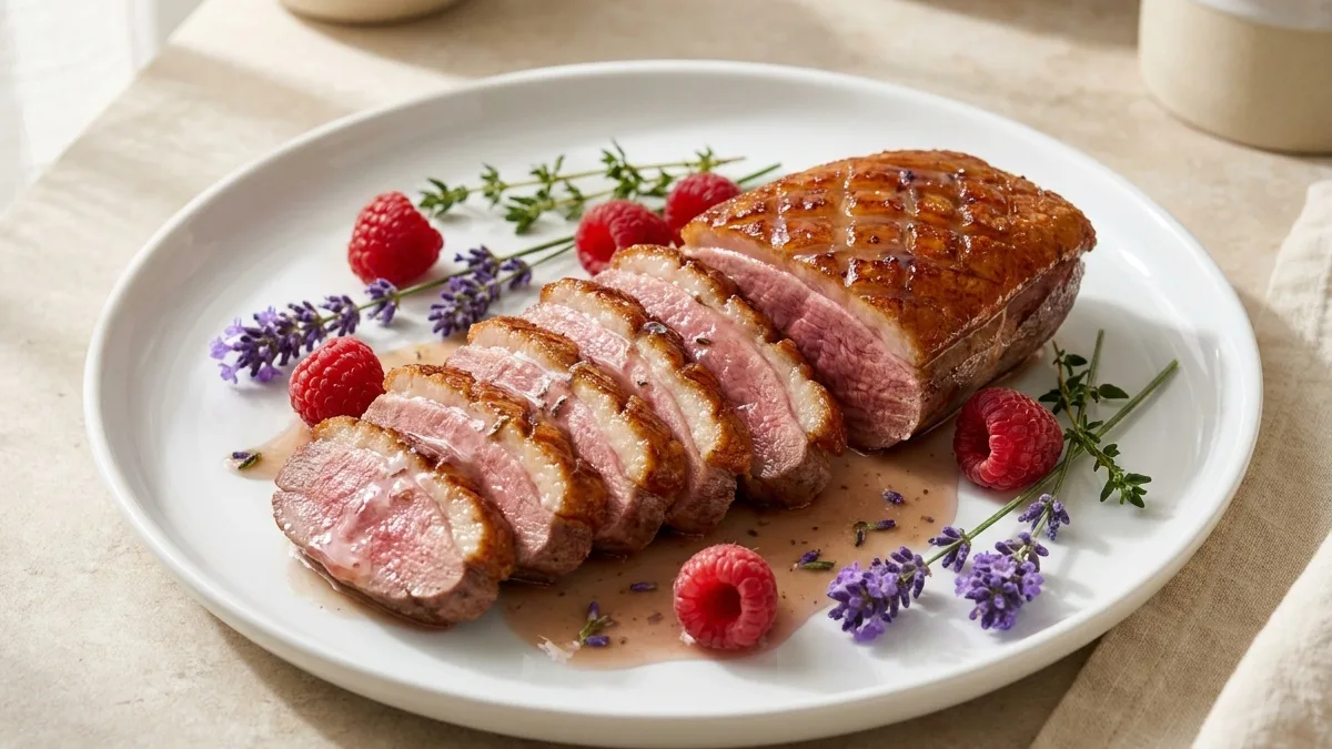Knusprige Entenbrust mit Lavendel-Honig-Glasur und Himbeeren