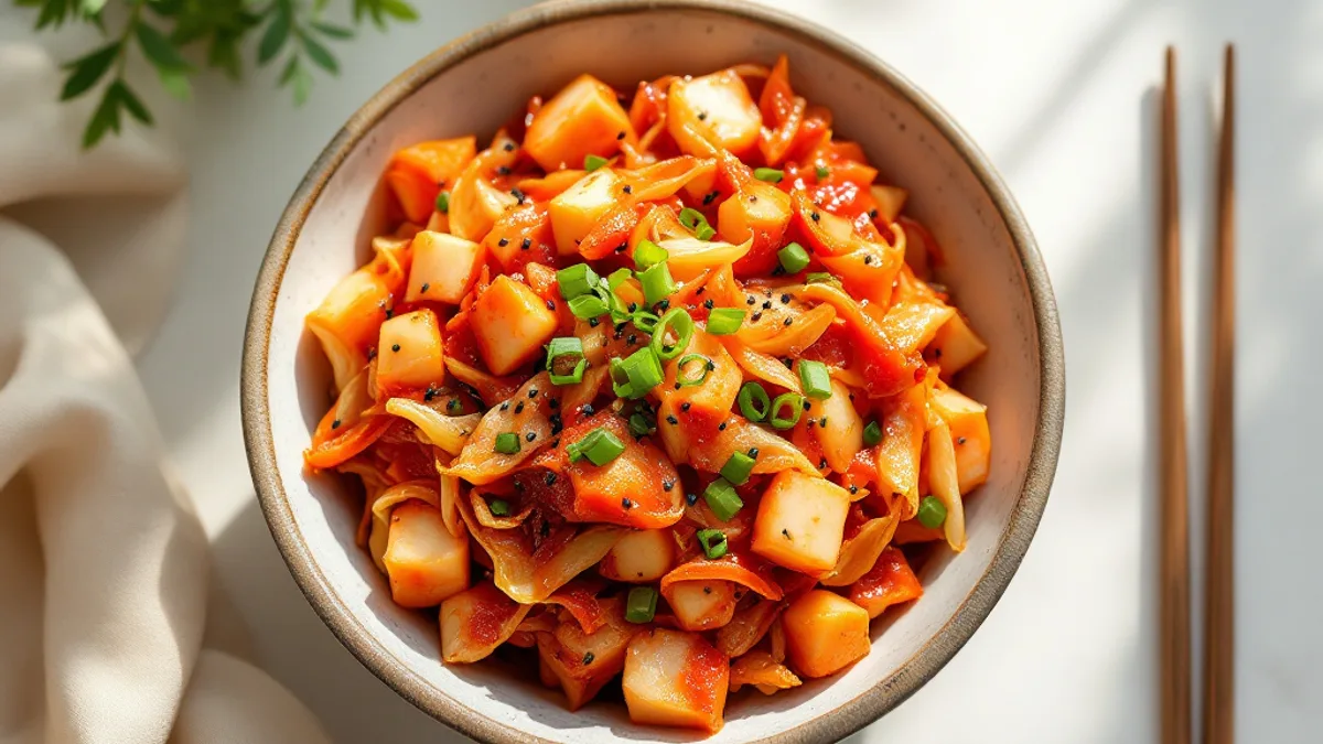 Fermentiertes Kimchi mit Rettich und schwarzem Sesam — Schale Chinakohl-Kimchi in roter Würzpaste mit Rettichwürfeln, Frühlingszwiebeln und Sesam