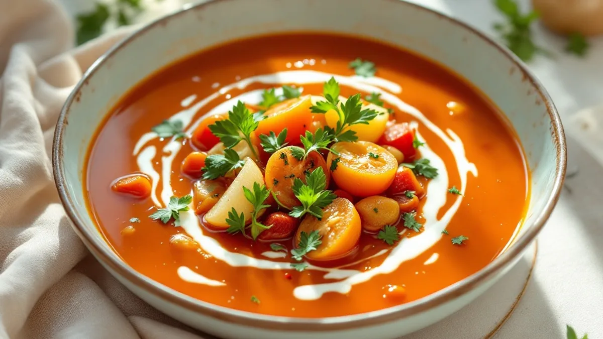 Würzige Möhren-Tomatensuppe mit Pistazien-Joghurt-Nockerl
