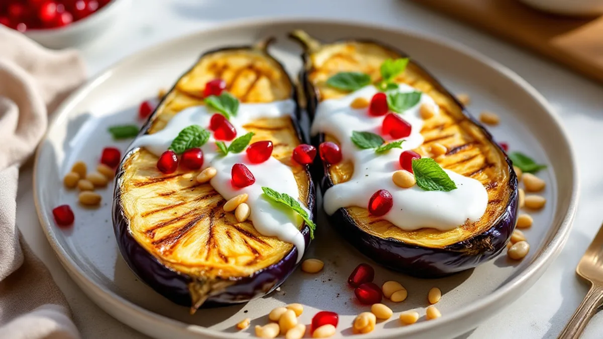 Gebackene Aubergine mit Granatapfel-Joghurt und Minze