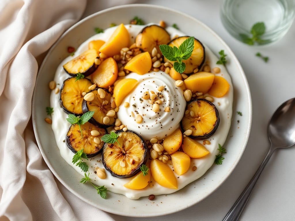 Gebackene Aubergine mit Granatapfel-Joghurt und Minze