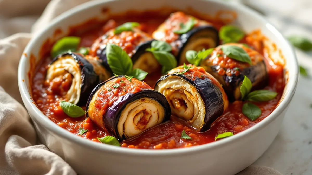 Gebackene Auberginen-Rollen mit Hüttenkäse und Tomatensugo — Auberginen-Röllchen mit heller Füllung in Tomatensugo mit frischem Basilikum