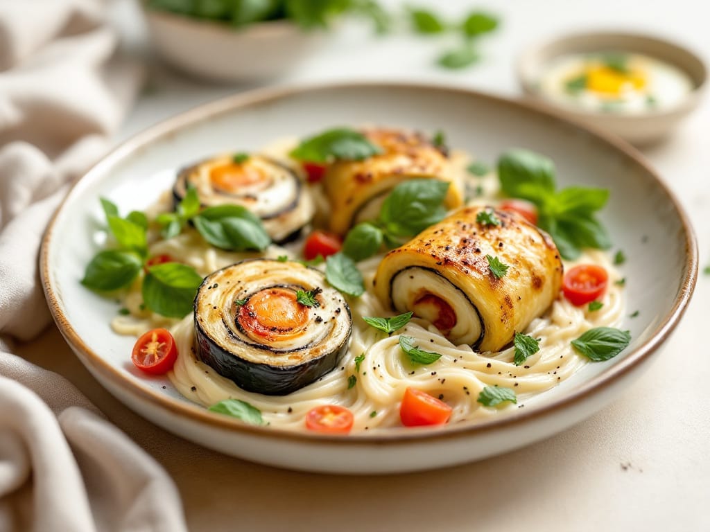 Gebackene Auberginen-Rollen mit Hüttenkäse und Tomatensugo