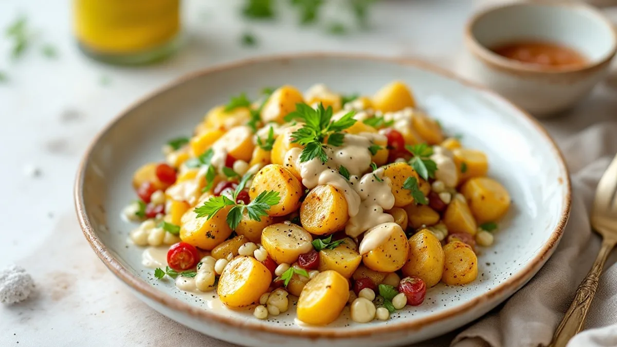 Gebackene Süßkartoffel mit Kichererbsen-Füllung und Tahini-Dressing