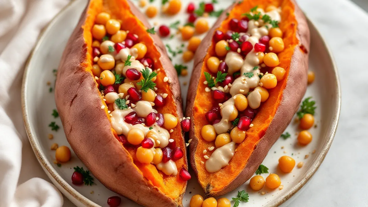 Gebackene Süßkartoffel mit Kichererbsen-Füllung und Tahini-Dressing
