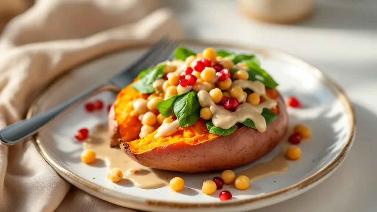 Gebackene Süßkartoffel mit Kichererbsen und Tahin-Dressing