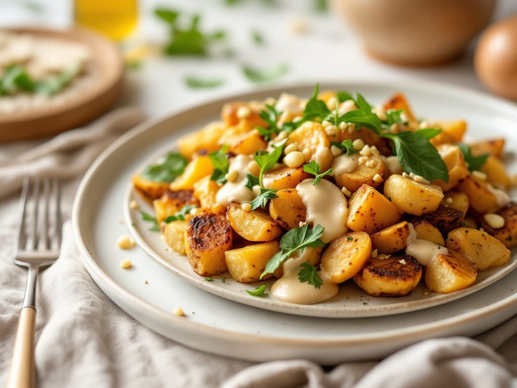 Gebackene Süßkartoffel mit Kichererbsen und Tahin-Dressing