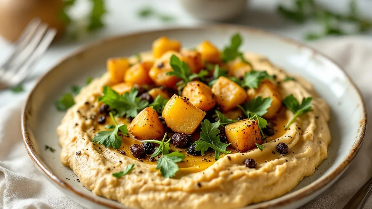 Gebackene Süßkartoffel mit Kurkuma-Hummus und Rucola