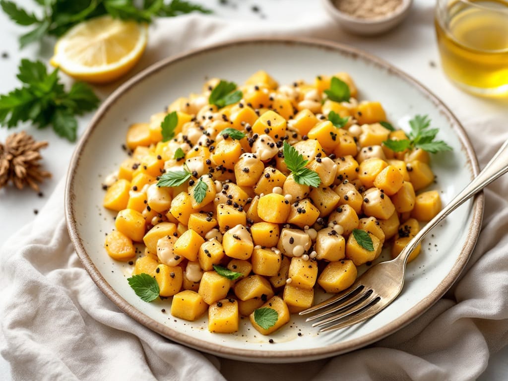 Gebackene Süßkartoffel mit Tahini-Limetten-Dressing und Kresse