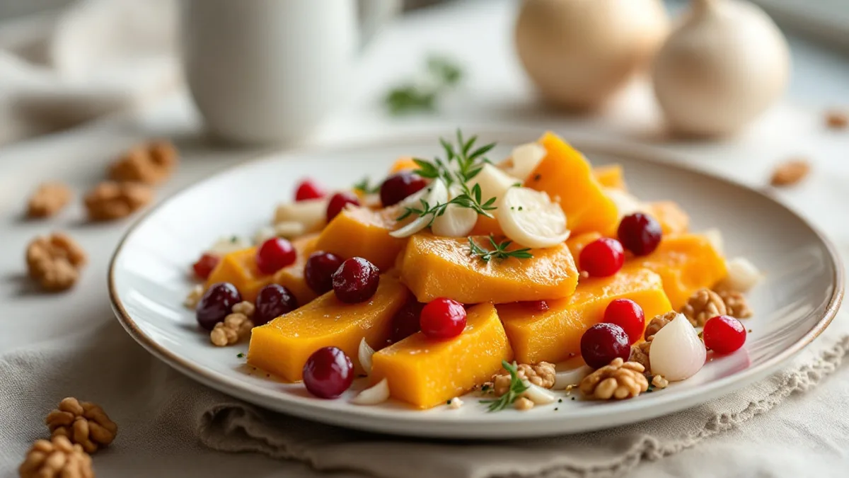 Gebackener Kürbis mit Schafskäse, Cranberries und Salbei
