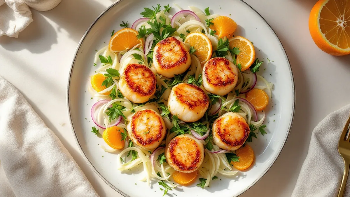 Gebratene Jakobsmuscheln auf Fenchel-Orangen-Salat