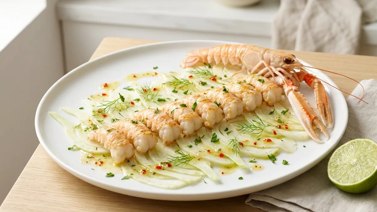 Gebratene Kaisergranat auf Fenchel-Carpaccio mit Limetten-Vinaigrette