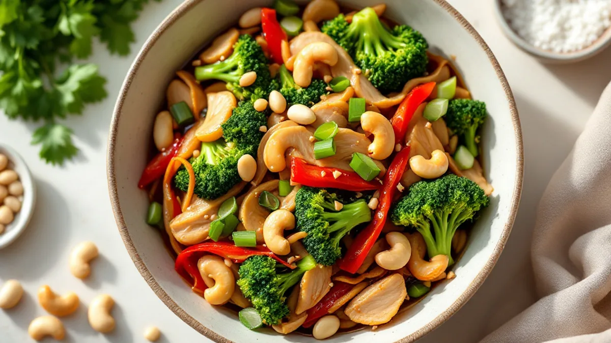 Gebratene Putenstreifen mit Brokkoli und Cashewkernen aus dem Wok