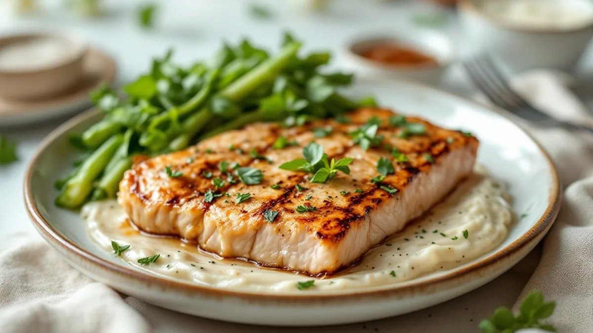 Gebratenes Lachsfilet auf cremiger Basilikum-Sauce mit buntem Frühlingsgemüse