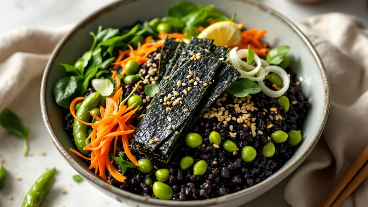 Gedämpfte Edamame-Miso-Bowl mit schwarzem Reis und Algenstreifen