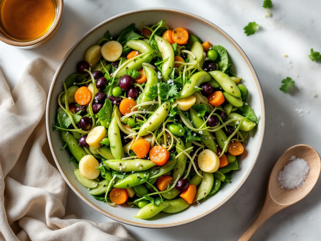 Gedämpfte Edamame-Miso-Bowl mit schwarzem Reis und Algenstreifen