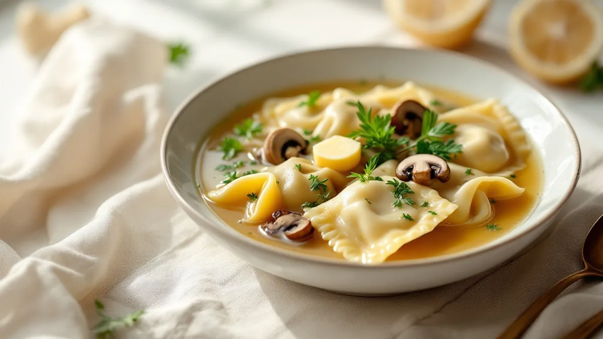 Klare Gemüsesuppe mit selbstgemachten Ziegenfrischkäse-Ravioli
