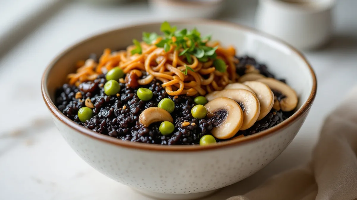 Geschmorte Shiitake mit schwarzem Reis, Edamame und Sesam