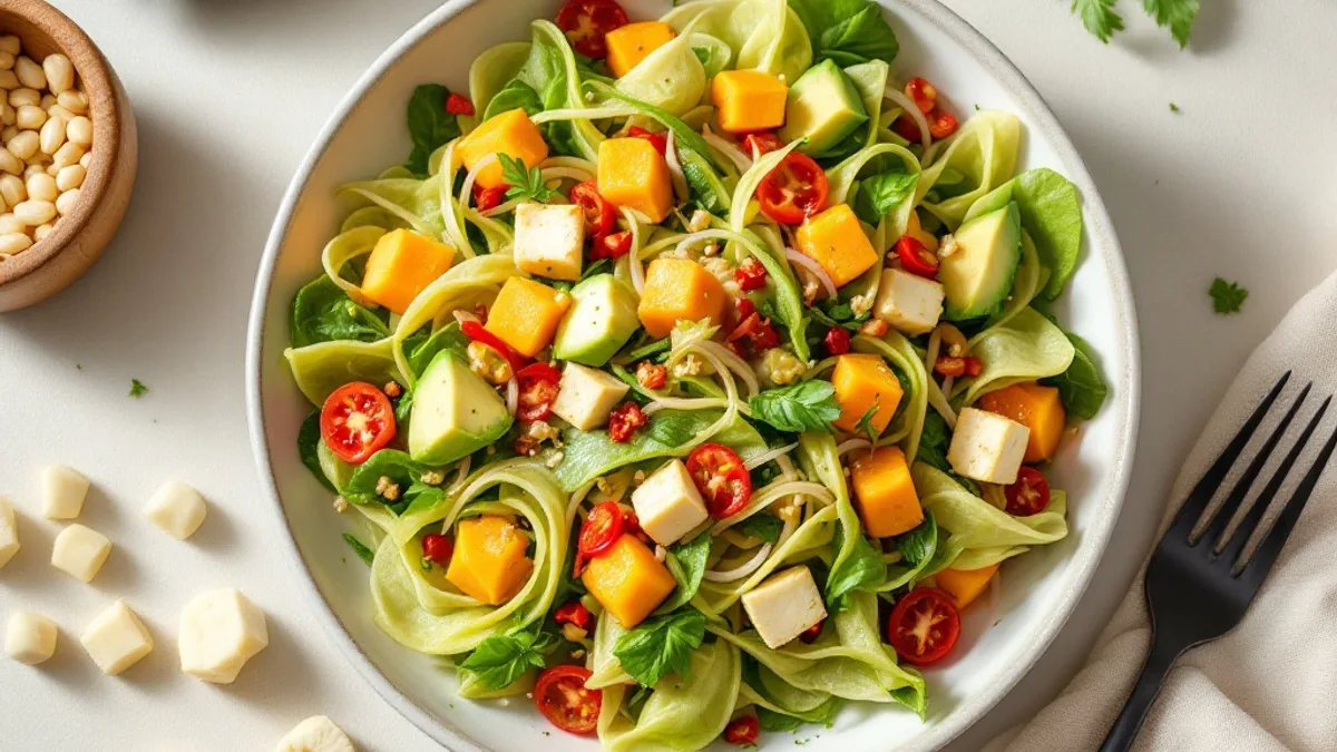 Glasnudel-Salat mit Papaya, Avocado, Tofu und Garnelen