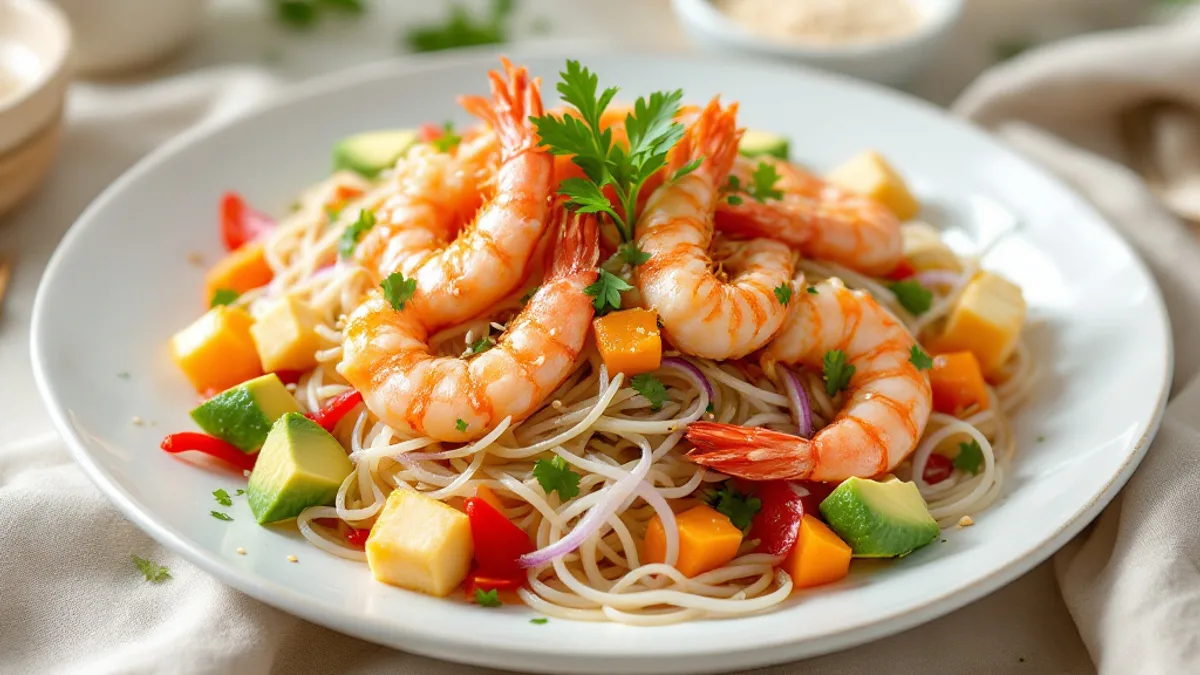Salata od staklenih rezanaca s papajom, avokadom, tofuom i kozicama — salata od staklenih rezanaca s divovskim kozicama, papajom, avokadom, kockicama tofua, paprikom i korijandrom