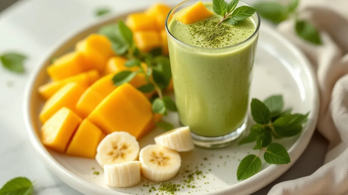 Grüner Matcha-Smoothie mit Spinat und Mango