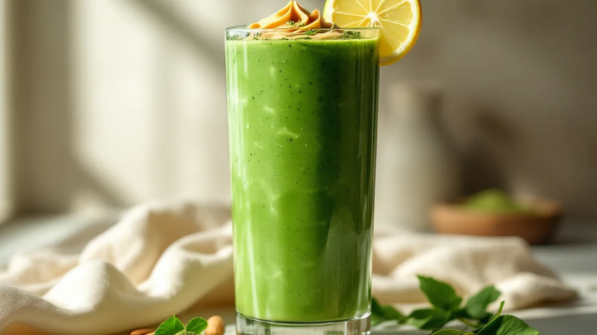 Zeleni proteinski smoothie s matchom, špinatom i bademovim maslacem