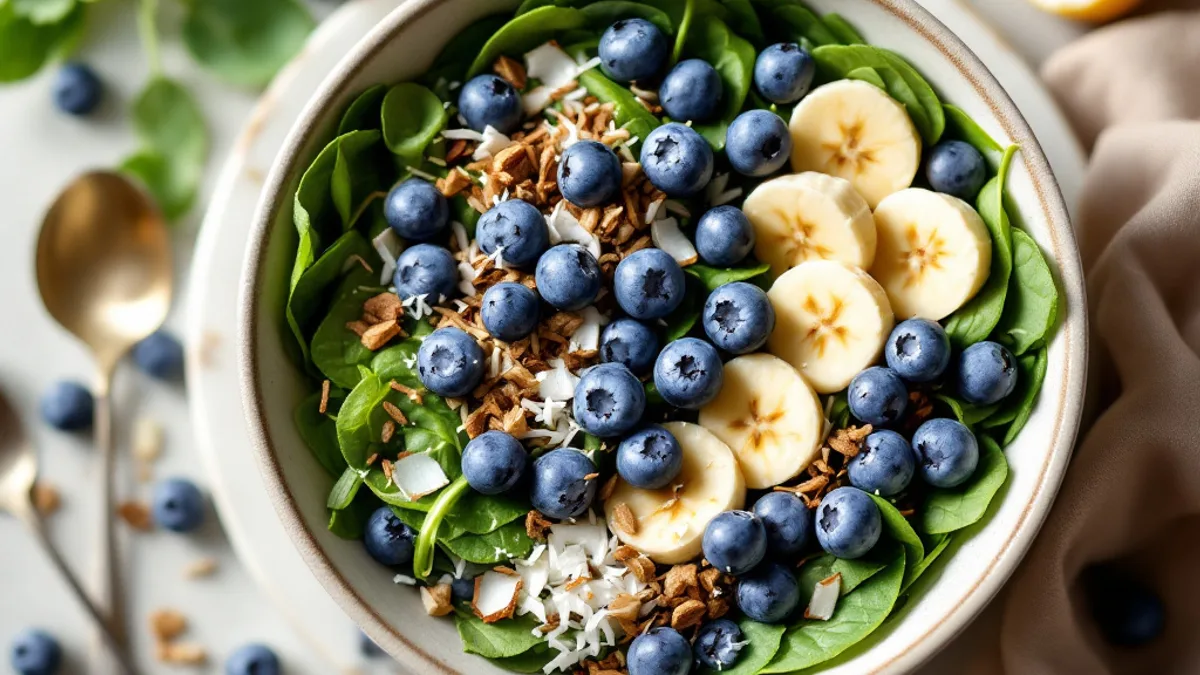 Grüne Smoothie-Bowl mit Heidelbeeren, Leinsamen und Kokosraspeln