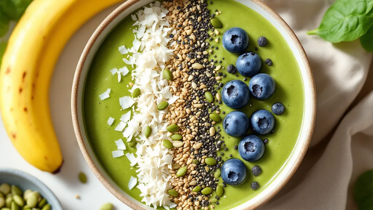 Zelena smoothie bowl s borovnicama, lanenim sjemenkama i kokosovim pahuljicama