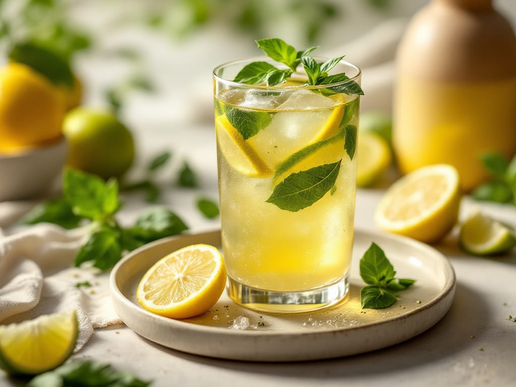 Grüner-Tee-Limonade mit Gurke, Basilikum und Limette
